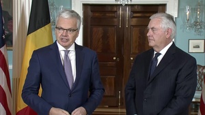 Secretary of State Tillerson Camera Spray with Belgian Foreign Minister Reynders