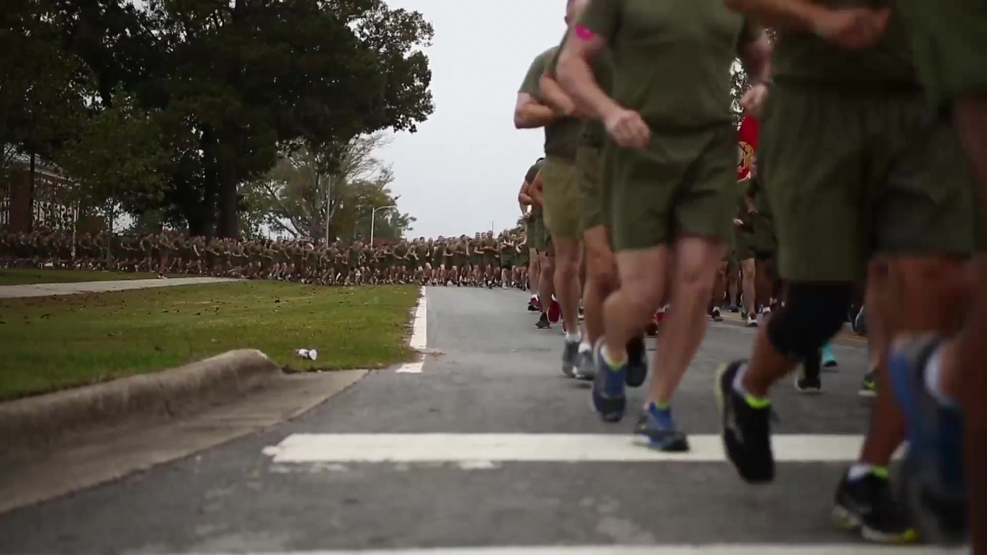 U.S. Marine Corps Maj. Gen. Matthew Glavy, commanding general of 2nd Marine Aircraft Wing, and Sgt. Maj. Howard Kreamer, sergeant major of 2nd Marine Aircraft Wing, speak after a birthday ball run at Marine Corps Air Station Cherry Point , N.C., Nov. 8, 2017. The run was conducted to celebrate the 242nd Marine Corps Birthday.