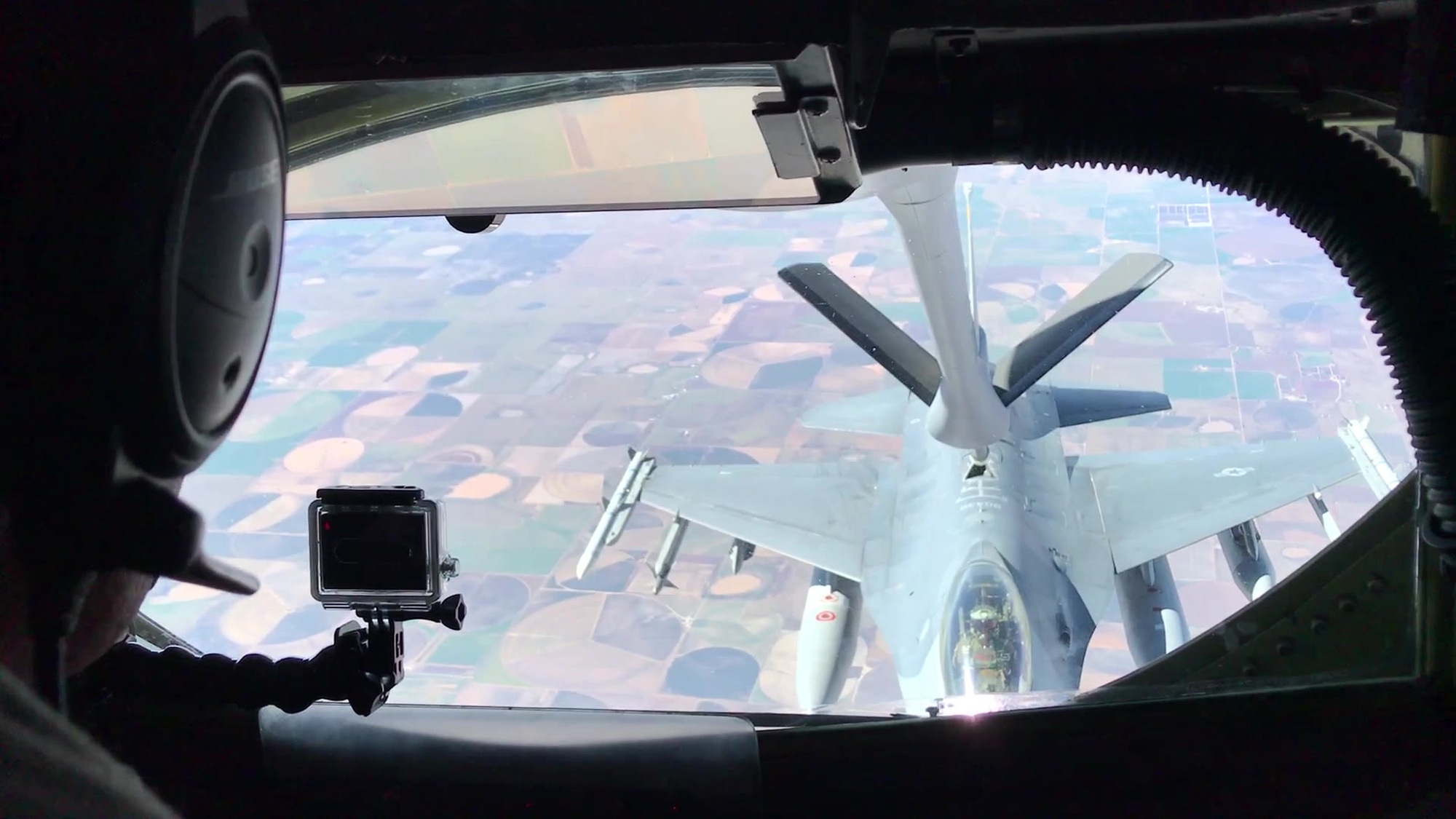 Lt. Col. Aaron Piepkorn, a pilot with the 549th Combat Training Squadron from Nellis Air Force Base, Nev., flies an F-16C to the boom of a KC-135 Stratotanker operated by the Reserve Citizen Airmen of the 465th Air Refueling Squadron from Tinker Air Force Base, Okla., Oct. 27, 2017, in order to receive 5,000 lbs. of fuel. (U.S. Air Force video/Tech. Sgt. Lauren Gleason)