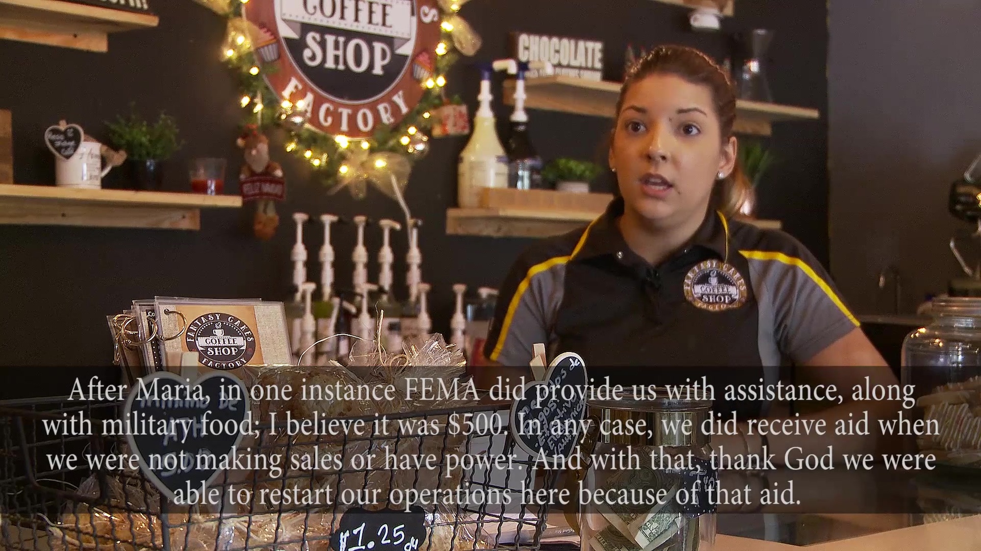 Mrs. Migdalia Ramos Perez, Co-Owner of &quot;Fantasy Cakes Bakery & Coffee Shop,&quot; recounts how she and her husband&#39;s business was affected by Hurricane Maria. Interview is in Spanish and includes English subtitles. (5 min, 10 Sec)<br /><br />B-roll of &quot;Fantasy Cakes Bakery & Coffee Shop.&quot; (3 min, 5 sec)