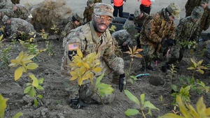 Soldiers visit the Ainokama Tsunami memorial in Miyagi during Exercise Yama Sakura