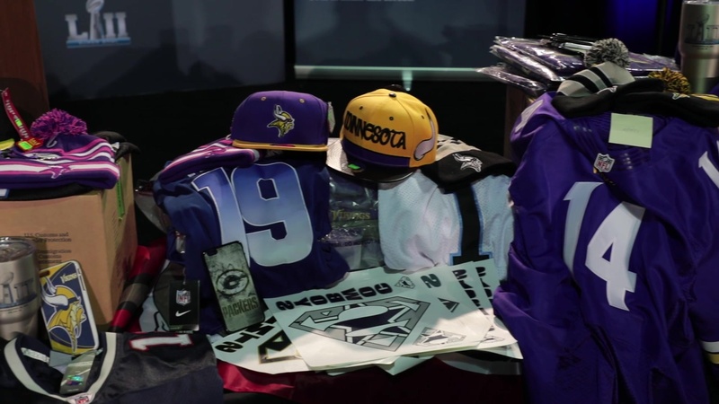 Merchandise Seized by CBP for Intellectual Property Right violations at Super Bowl LII and Interview footage of Supervisory Customs Officer Lee Takaki