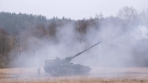 German Soldiers from 2nd Platoon, 4th Battery, 131st Field Artillery Battalion fire Armoured Howitzer 2000s in support of Exercise Dynamic Front 18