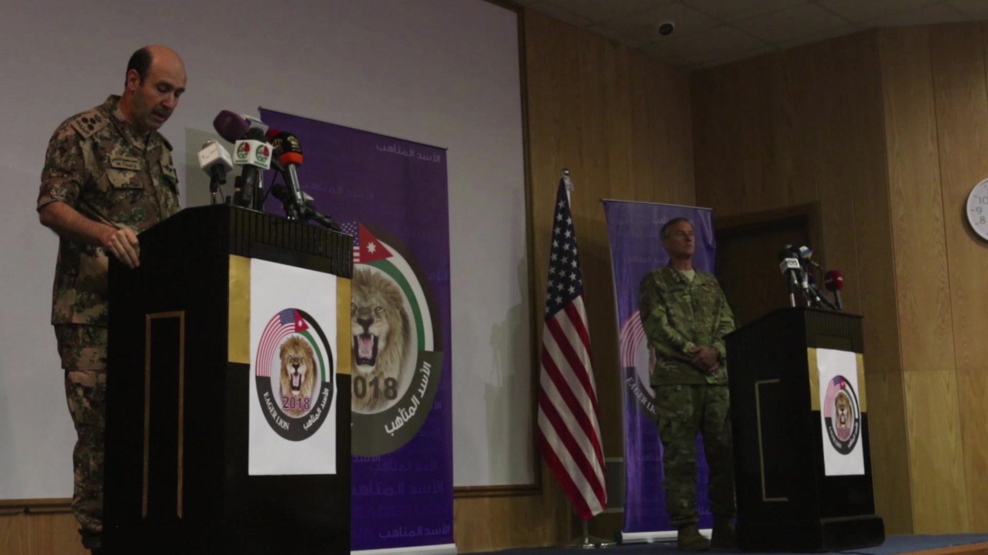 Press conference held by Jordan Armed Forces Staff Brig. Gen. Mohammad Al-Thalji and USAF Maj. Gen. Jon Mott to formally announce the start of the Exercise Eager Lion 2018 on April 15, 2018, in Amman, Jordan.