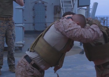 26th MEU Marines participate in a culminating event as part of an MAI course aboard the USS Oak Hill at sea
