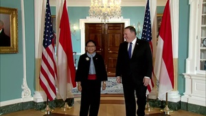 Secretary of State Mike Pompeo camera spray with Indonesian Foreign Minister