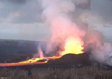 Aerial Survey of River of Lava as it Flows Down Valley in Hawaii
