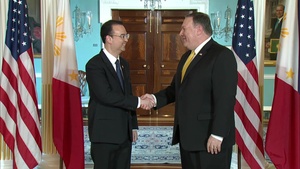 Secretary of State Pompeo camera spray with Filipino Foreign Affairs Secretary