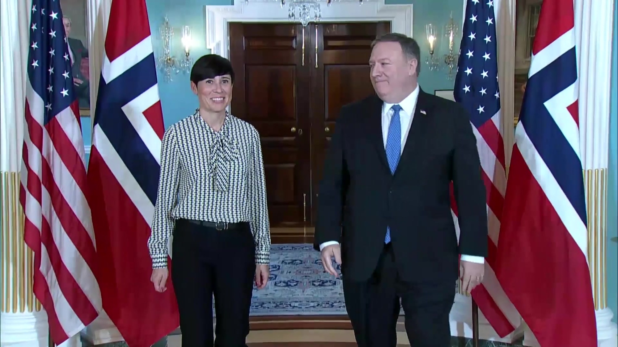 Secretary of State Mike Pompeo camera spray with Norwegian Foreign Minister Ine Marie Eriksen Soreide, at the Department of State