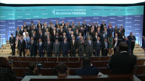 Secretary Pompeo participates in the family photo at the Ministerial to Advance Religious Freedom