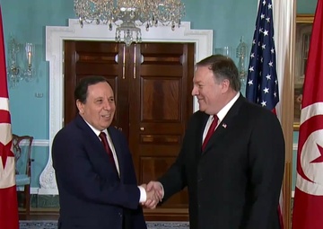 Secretary of State Michael R. Pompeo camera spray with Tunisian Foreign Minister Khemaies Jhinaoui