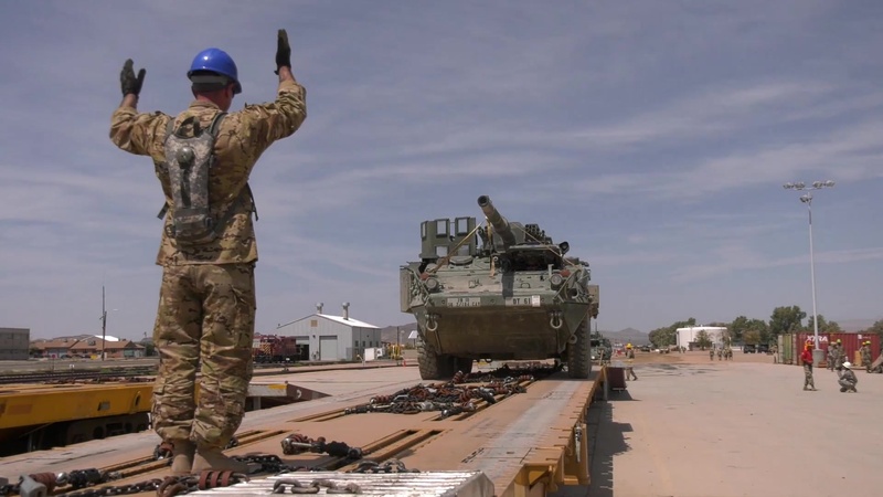Soldiers stage vehicles at railhead for return to PA