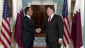 Secretary of State Michael R. Pompeo camera spray with Qatari Foreign Minister Sheikh Mohammed bin Abdulrahman Al Thani, at the Department of State