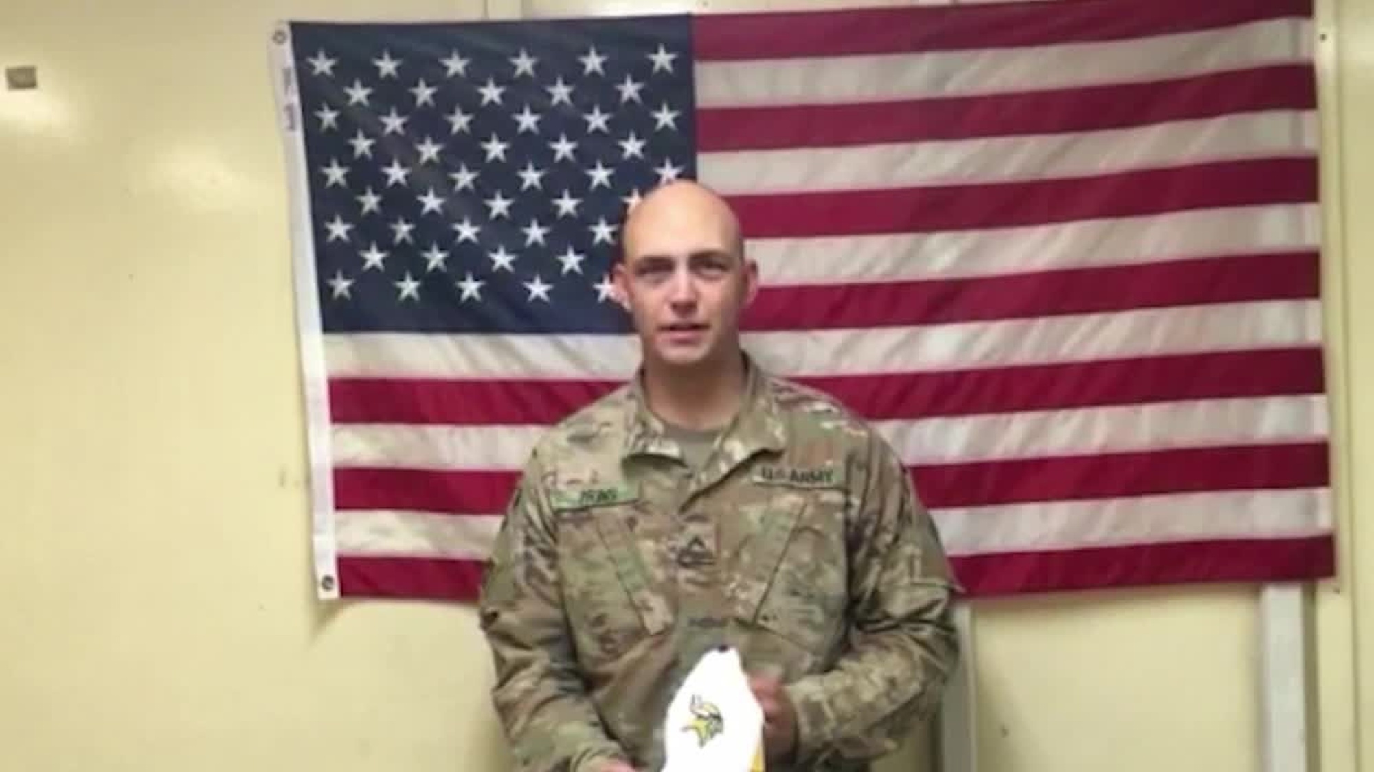 U.S. Army Cpl. Caleb Prince, assigned to the 2nd Infantry Brigade Combat Team, 4th Infantry Division out of Fort Carson, Colorado sends a shout out to the Minnesota Vikings from Kandahar Airfield, Afghanistan.