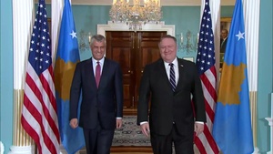 Secretary Pompeo camera spray with Kosovo President Hashim Thaci