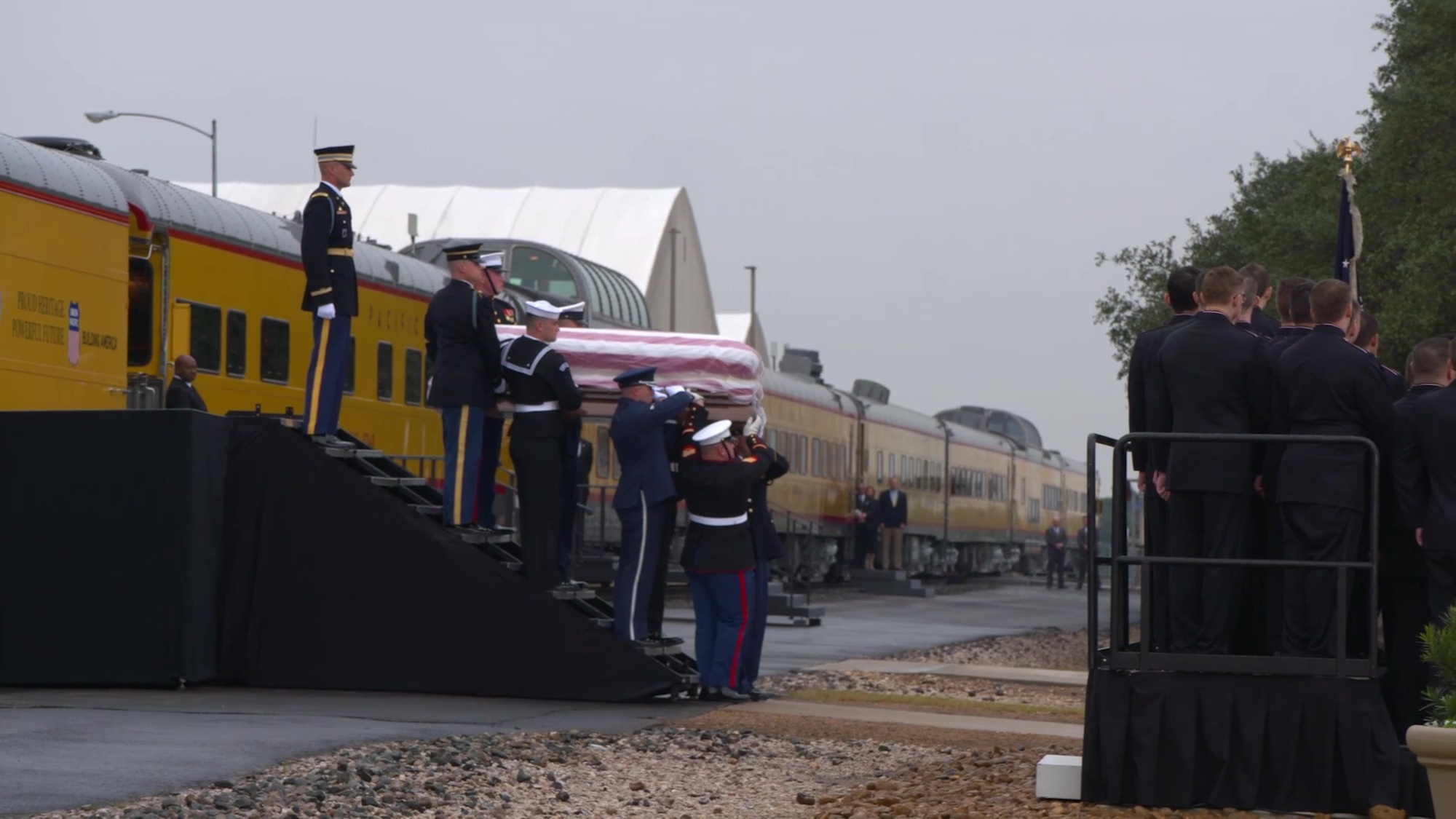 U.S. military and civilian personnel participate in the train arrival ceremony for former President George H.W. Bush&#39;s internment in College Station, Texas, Dec. 6, 2018. Nearly 4,000 military and civilian personnel from across all branches of the U.S. armed forces, including Reserve and National Guard components, provided support during Geroge H.W. Bush&#39;s, the 41st President of the United States state funeral  (U.S. Air Force video by Staff Sgt. Matthew Hester)