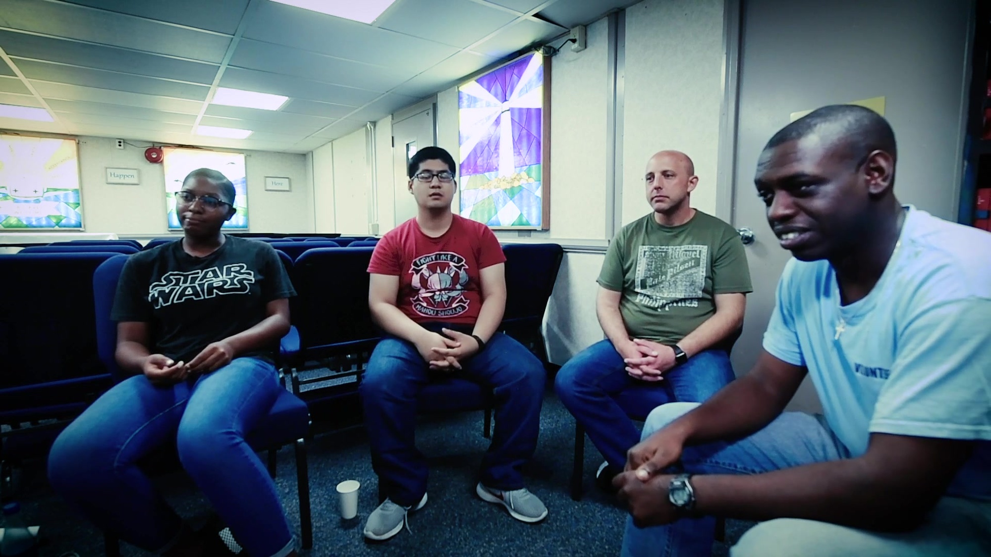 181123-N-SG189-1013 RIOHACHA, COLUMBIA (Nov. 30, 2018) – Crew members from the hospital ship USNS Comfort (T-AH 20) act in a “Go Navy, Beat Army” spot.  The theme of the spot is a Naval Academy graduate seeking help from a support group. Comfort is on an 11-week medical support mission to Central and South America as part of U.S. Southern Command’s Enduring Promise initiative. Working with health and government partners in Ecuador, Peru, Colombia and Honduras, the embarked medical team will provide care on board and at land-based medical sites, helping to relieve pressure on national medical systems caused partly by an increase in cross-border migrants.