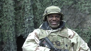 U.S. Army Pfc. Tamboura Jenkins gives a holiday shout out from Hohenfels, Germany