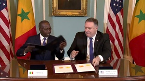 Secretary Pompeo Camera Spray and Millennium Challenge Cooperation Signing with Senegalese Prime Minister