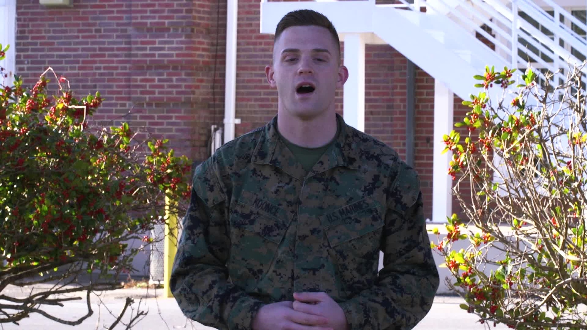 Cpl. Collin R. Koonce, a Marine stationed at Marine Corps Air Station, Cherry Point, N.C. Sends his friends and family in Houston, TX a happy holiday greetings.