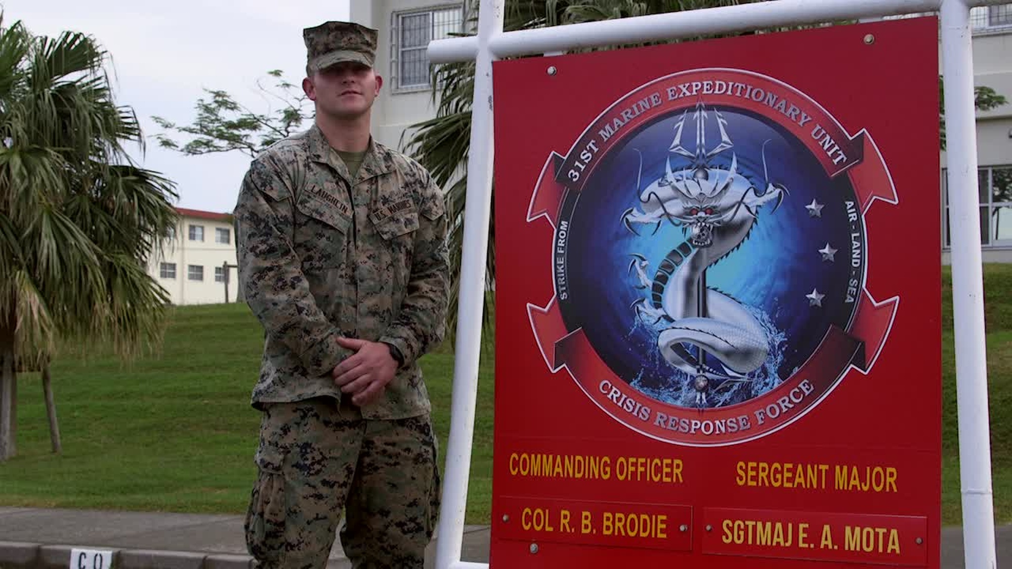 Lance Cpl. Logan Laughlin, a Flat Rock, Indiana native, wishes family and friends a Merry Christmas and Happy New Year at Camp Hansen, Okinawa, Japan, Dec. 19, 2018. LCpl. Laughlin is a machine gunner with the 31st Marine Expeditionary Unit. (U.S. Marine Corps video by Cpl. Luis Velez/Released)