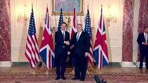 Secretary of State Michael Pompeo camera spray with UK Foreign Secretary