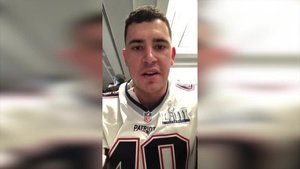 New England Patriots long snapper Joe Cardona gives a shout-out to deployed 102nd Intelligence Wing Airmen