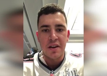 New England Patriots long snapper Joe Cardona gives a shout-out to deployed 102nd Intelligence Wing Airmen