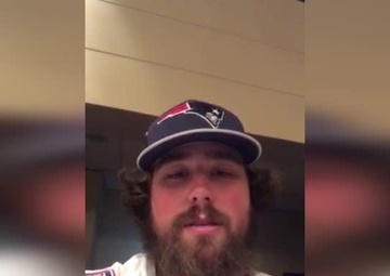 New England Patriots captain David Andrews gives a shout-out to deployed 102nd Intelligence Wing Airmen