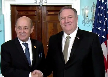 Secretary of State Michael R. Pompeo camera spray with French Foreign Minister Jean-Yves Le Drian, at the Department of State