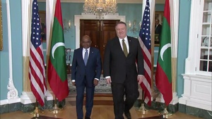 Secretary Pompeo Camera Spray with Maldives Foreign Minister Abdulla Shahid