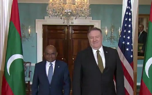 Secretary Pompeo Camera Spray with Maldives Foreign Minister Abdulla Shahid