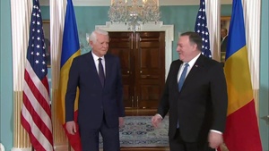 Secretary of State Michael R. Pompeo camera spray with Romanian Foreign Minister Teodor Melescanu, at the Department of State