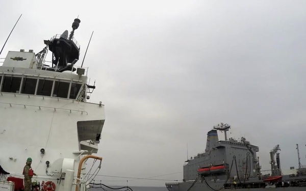 U.S. Coast Guard Cutter Bertholf receives fuel from the USNS Walter S. Diehl during an underway replenishment in the East China Sea