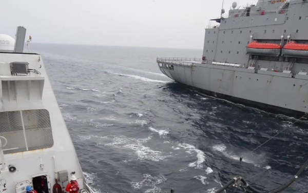 U.S. Coast Guard Cutter Bertholf receives fuel from the USNS Walter S. Diehl during an underway replenishment in the East China Sea