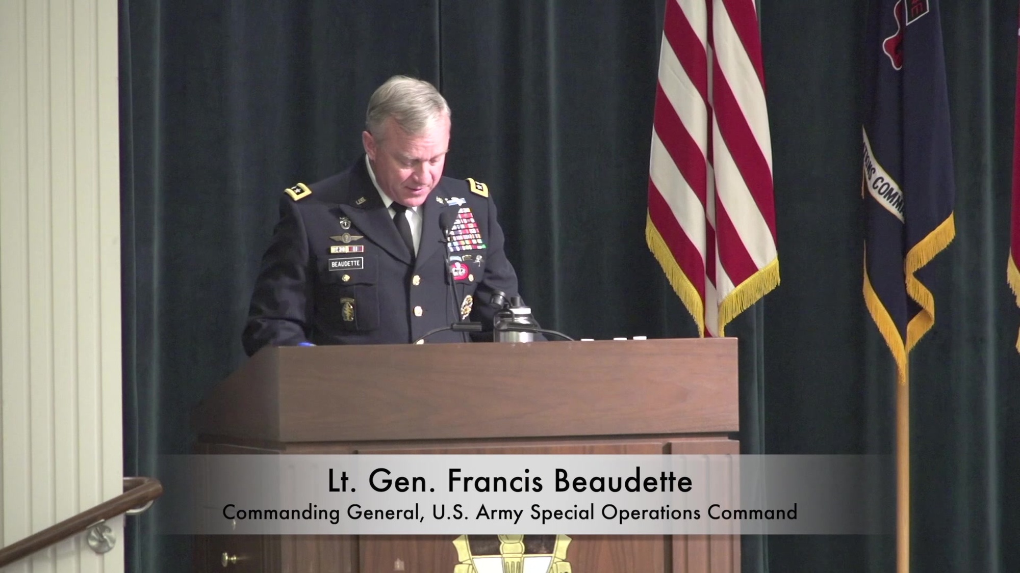 U. S. Army Chief Warrant Officer 3 Jason W. Myers of the U.S. Army John F. Kennedy Special Warfare Center and School receives his second Distinguished Service Cross from Lt. Gen. Fran Beaudette, Commanding General of the U.S. Army Special Operations Command.  CW3 Myers is presently the only active duty soldier with two Distinguished Service Crosses.<br /><br />The Distinguished Service Cross is the second highest military decoration of the United States Army, awarded for extreme gallantry and risk of life in actual combat with an armed enemy force.<br /><br />Actions that merit the Distinguished Service Cross must be of such a high degree to be above those required for all other U.