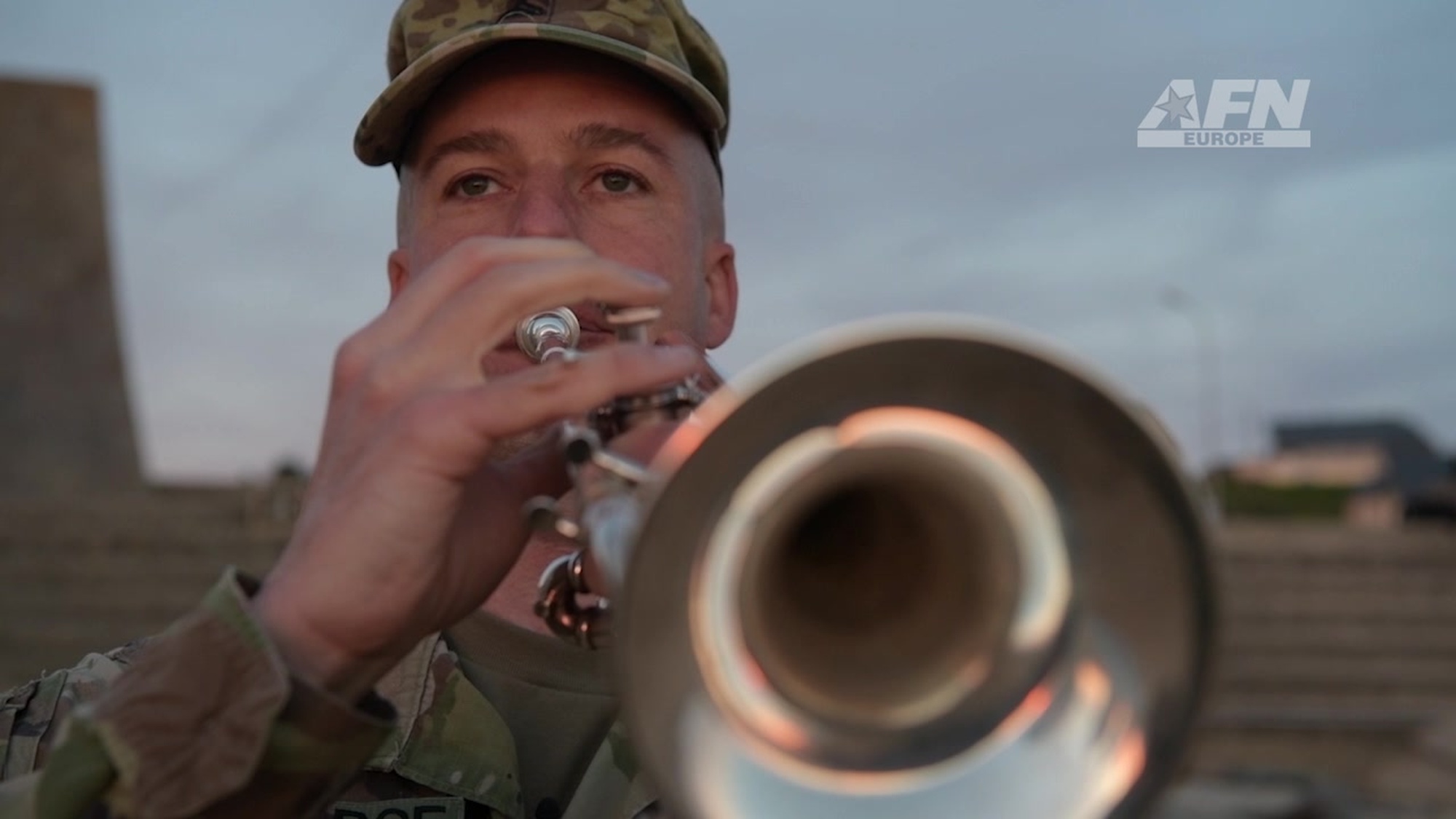 U.S. Army Sgt. Jonathan Bosarge, a bugler from the U.S. Army Europe Band, plays Reveille at sunrise on Omaha Beach in Normandy, France, June 2, 2019, to mark the start of events commemorating the 75th anniversary of D-Day. More than 1,300 U.S. service members, partnered with 950 troops from across Europe and Canada, have converged in northwestern France to commemorate the 75th anniversary of Operation Overlord, the WWII Allied invasion of Normandy, commonly known as D-Day. Upwards of 80 ceremonies in 40 French communities in the region will take place between June 1-9, 2019, the apex being held June 6th at the American Cemetery at Coleville sur Mer.