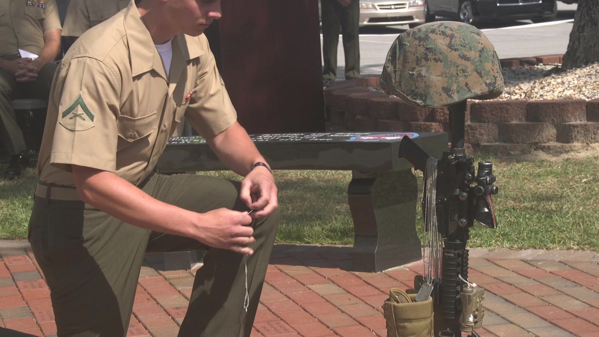 U.S. Marines and Sailors with 2nd Light Armored Reconnaissance Battalion (2nd LAR), 2nd Marine Division conduct a memorial service on Camp Lejeune, N.C., May 24, 2019. The service commemorates past service members from 2nd LAR by placing the dog tags of the Marines and Sailors that gave their lives from 1989 to 2011 on a Soldiers Cross. (U.S. Marine Corps Video by Lance Cpl. Skylar M. Harris)