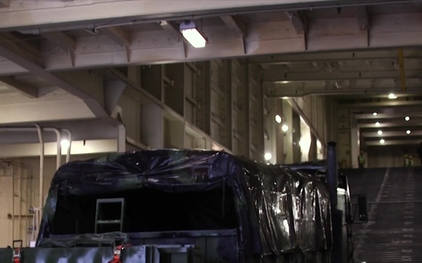 U.S. Marines load vehicles on USNS Watkins during Resolute Sun