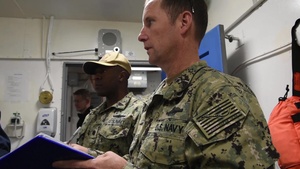 Sailors aboard the USS Mount Whitney participate in a Mass Casualty Drill