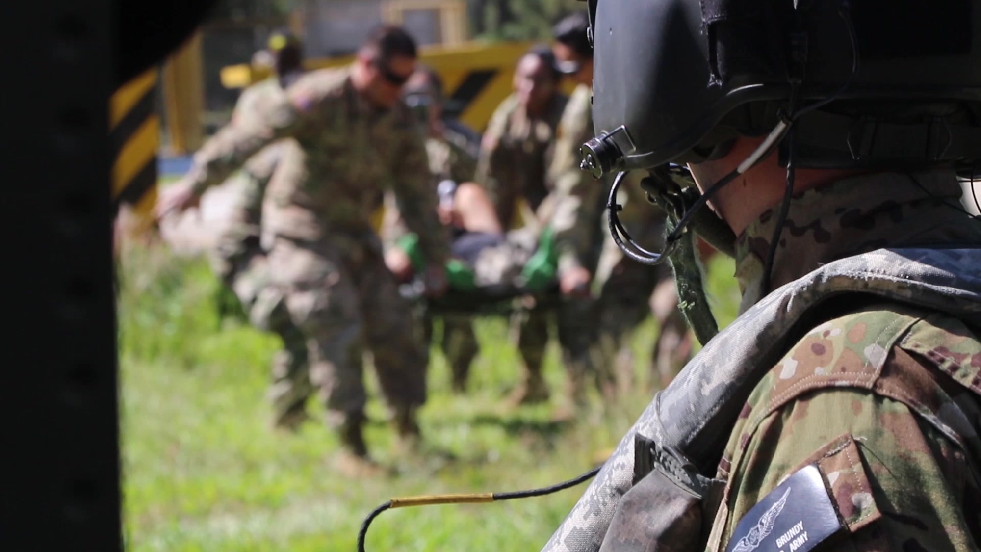Former medic, now Black Hawk pilot, U.S. Army Chief Warrant Officer 2. Rob Mace, 1/183 Aviation Regiment (Boise), Idaho National Guard, flies U.S. Army Reserve medics with the 352nd Combat Support Hospital (Dublin, California) as part of casualty evacuation training, July 4, 2019. The training is part of Exercise Beyond the Horizon in Guatemala.