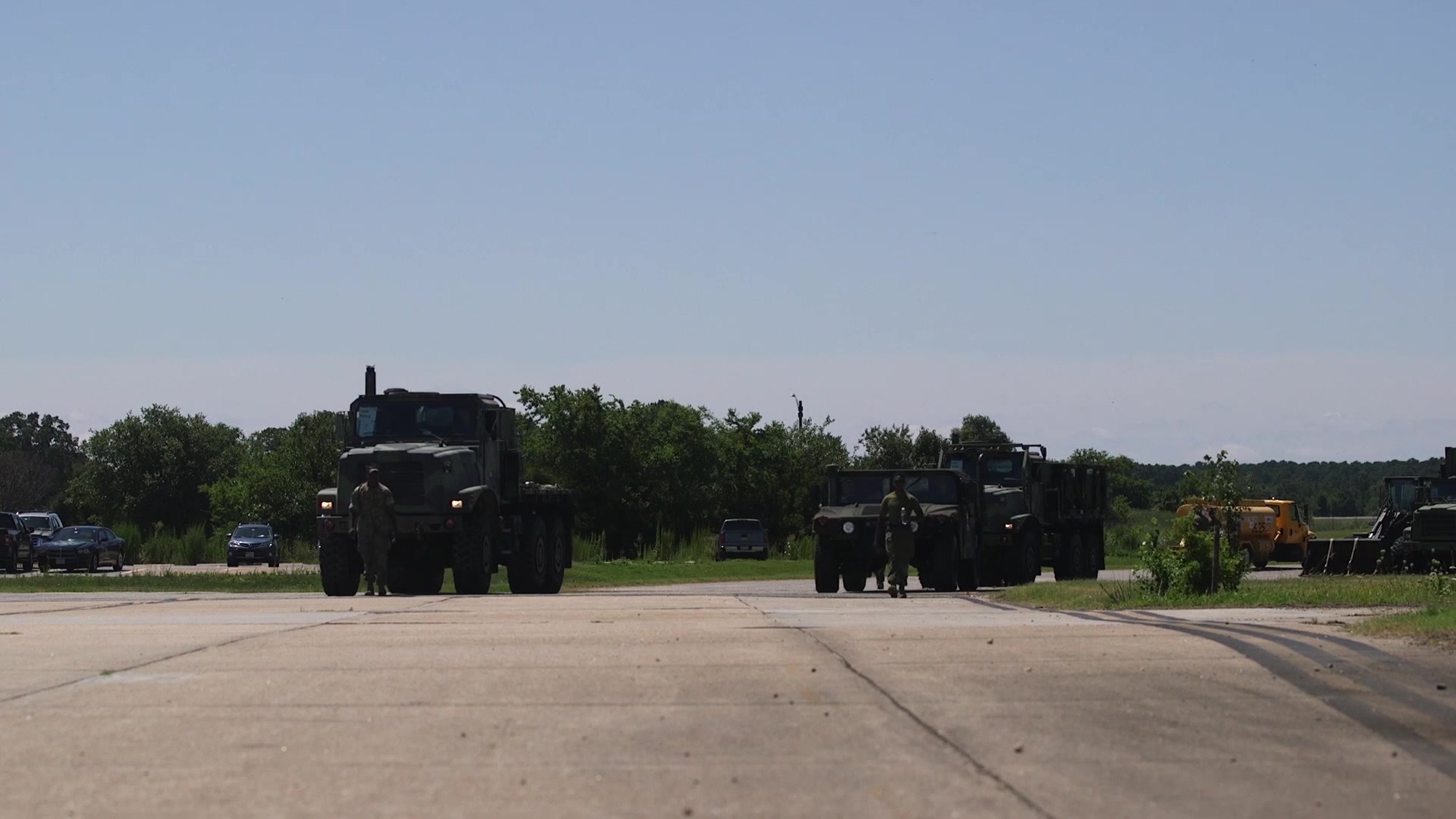 U.S. Marines with Task Force 27, II Marine Expeditionary Force, stage tactical vehicles being used during a Defense Support Civil Authorities (DSCA) exercise on Camp Elmore, Virginia, July 10, 2019. U.S. Marines with II Marine Expeditionary Force rehearsed a loading exercise with the U.S. Navy to rapidly form, embark and deploy maritime DSCA operations in support of U.S Northern Command.  (U.S. Marine Corps b-roll by Cpl. Scarlet A. Sharp)