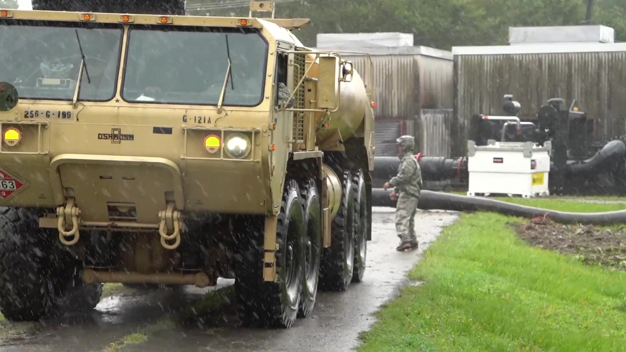 Louisiana National Guardsmen refuel a generator that powers a pumping station in Morgan City, Louisiana, during Hurricane Barry, July 13, 2019. (U.S. Army National Guard video by Spc. Duncan C. Foote)
