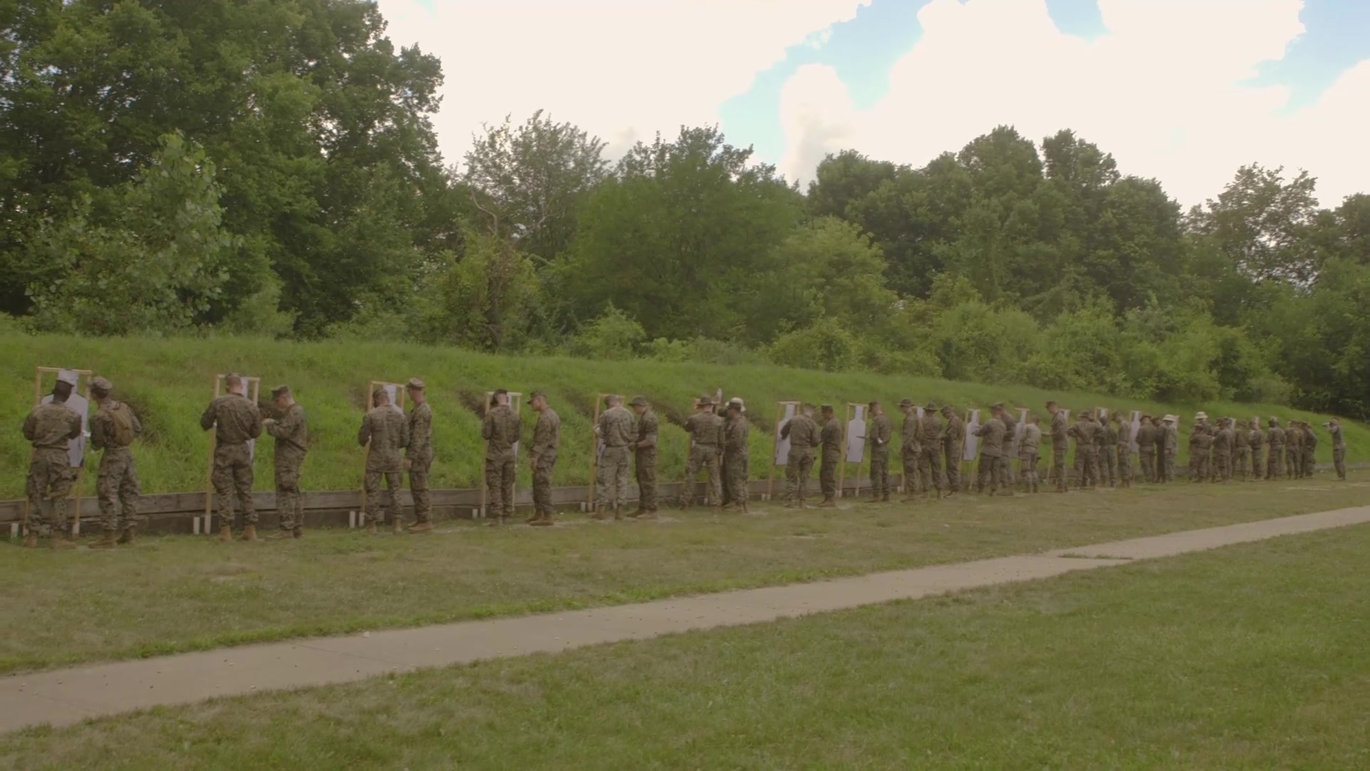U.S. Marines with Marine Wing Communication Squadron 48, Marine Aircraft Group 48, 4th Marine Aircraft Wing, conduct a pistol qualification range at Joliet Army Training Area, Elwood, Ill., July 17, 2019. MWCS-48 is conducting exercises ranging from rifle and pistol qualifications to land navigation in order to meet annual training requirements, as well as increase occupational proficiency. (U.S. Marine Corps video by Lance Cpl. Faeth Webb)