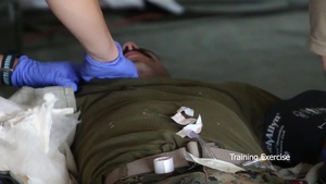 Soldiers of the 928th MCAS and Marines of CLR 45, Landing Support Detachment 1, conduct a mass casualty training exercise during Northern Strike 19