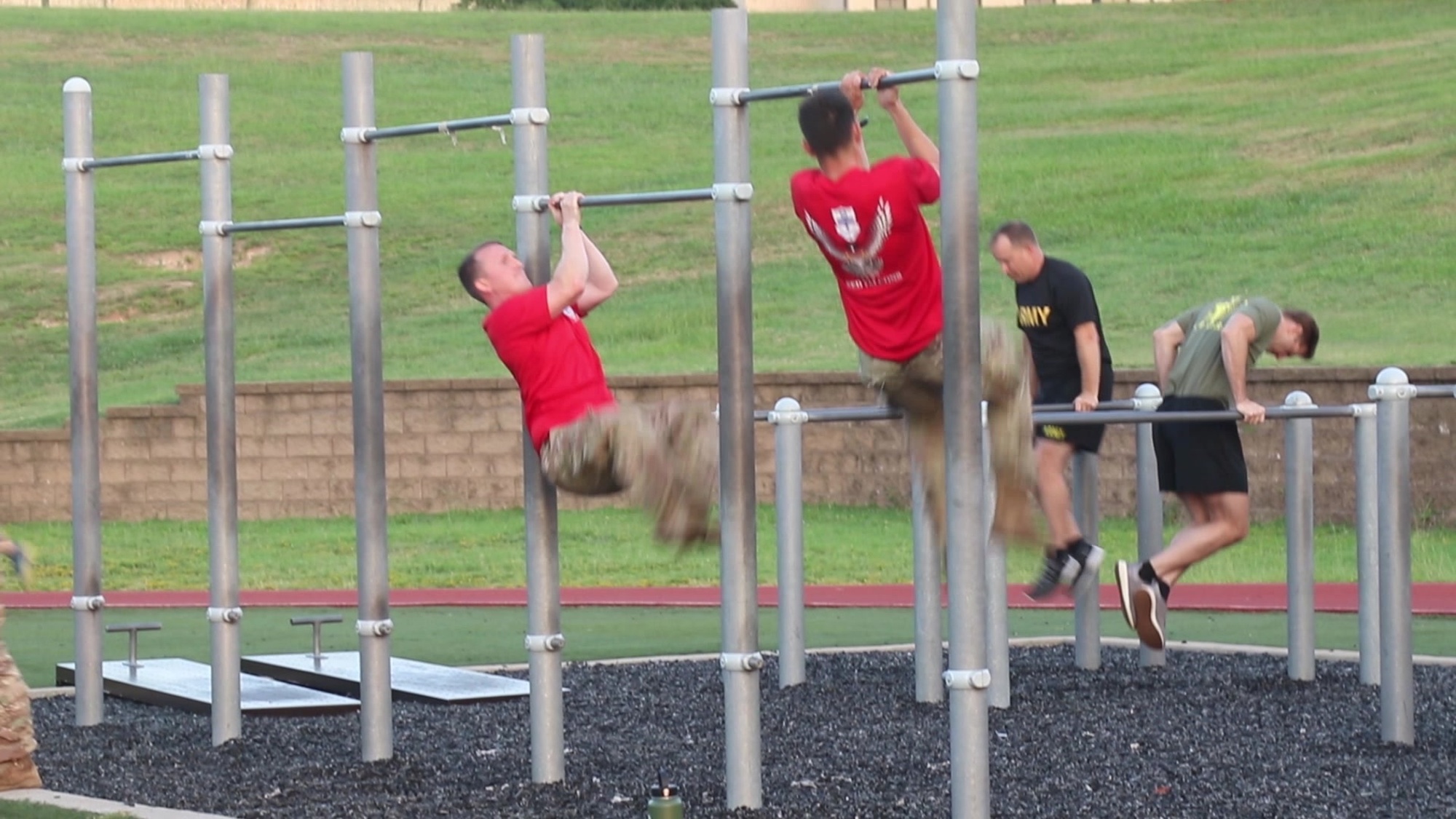 Paratroopers assigned to 1st battalion, 325th Infantry Regiment, 2nd Brigade Combat Team, 82nd Airborne Division engage in close quarters combatives at the Red Falcon volleyball pit on Fort Bragg, N.C. on Jul 30, 2019 during a physical readiness challenge. The physical readiness challenge also included a T-11 parachute harness buddy rig with Modular Airborne Weapons Case or MAWC and a rucksack. The challenge was designed to build on the fundamentals of being a paratrooper with a main goal of quickly fighting out of the T-11 parachute harness. The team building challenge also promoted camaraderie and esprit de core among the Red Falcons officer core.