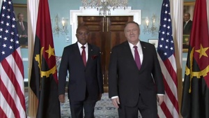 Secretary of State Michael R. Pompeo camera spray with Angolan Minister of External Affairs Manuel Domingos Augusto, at the Department of State