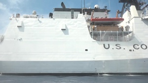 During final sea trials, Coast Guard Cutter Kimball tests washdown system designed to counter nuclear, biological and chemical weapons