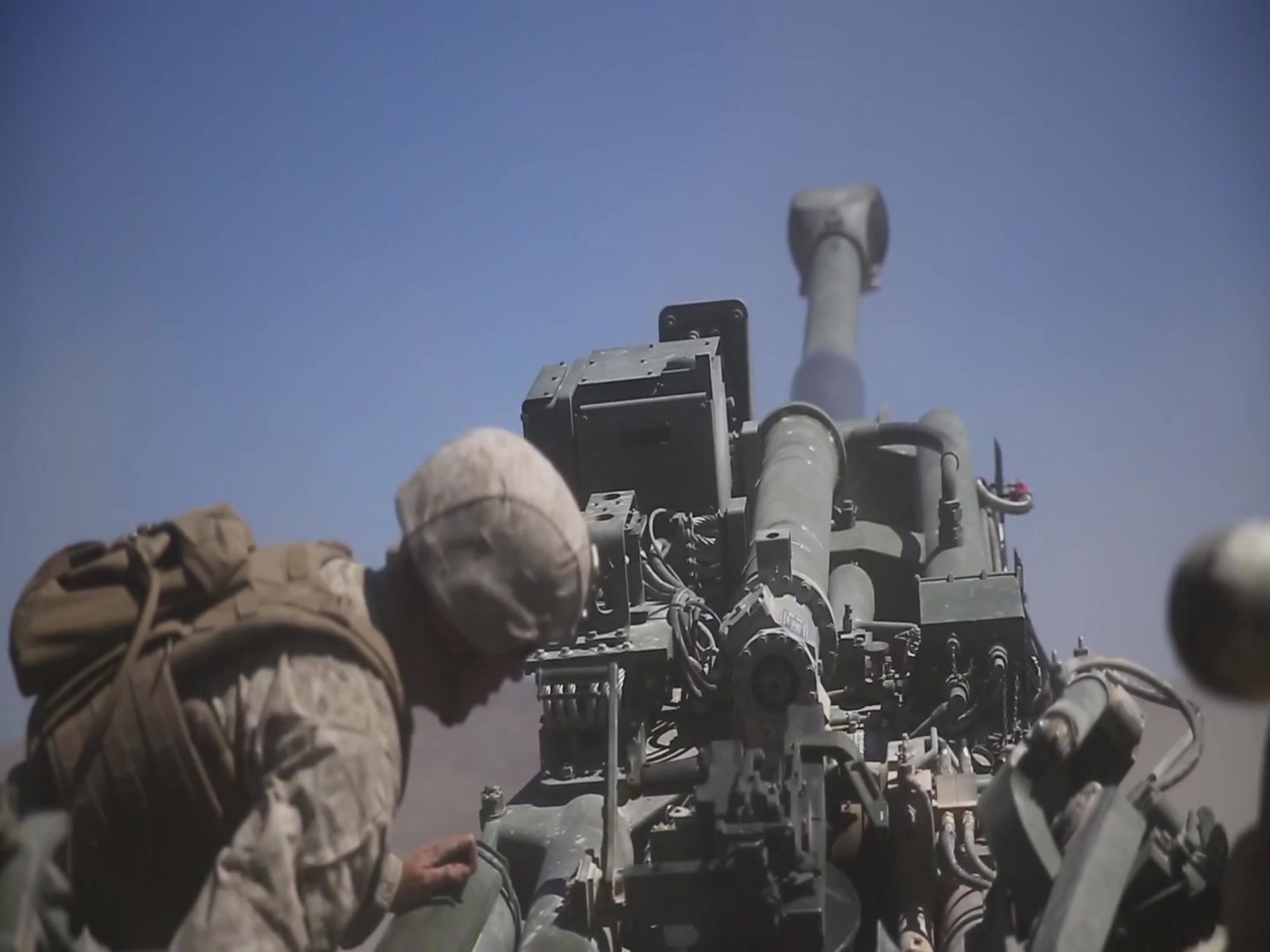 U.S. Marines with Echo Battery, 2nd Battalion, 10th Marine Regiment conduct support by fire with the M777 Howitzer while participating in Regimental Assault Course (RAC) during Integrated Training Exercise (ITX) 5-19 on Marine Corps Air-Ground Combat Center Twentynine Palms, Calif., Aug. 16, 2019. The purpose of ITX 5-19 is to create a challenging, realistic training environment that produces combat-ready forces capable of operating as an integrated MAGTF. (U.S. Marine Corps video by Lance Cpl. Skylar M. Harris and Lance Cpl. Tyler M. Solak)
