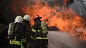 USAFE Fire Academy conducts joint firefighter training (Slow Motion BROLL)